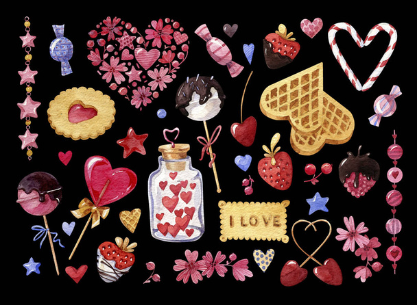 Aquarell-Set von Elementen für den Valentinstag auf schwarzem Hintergrund. Süßigkeiten, Kuchen. Waffeln, Bonbons und Früchte in Schokolade, Eis und Blumen. und viele verschiedene Aquarelle zu hören.  - Foto, Bild