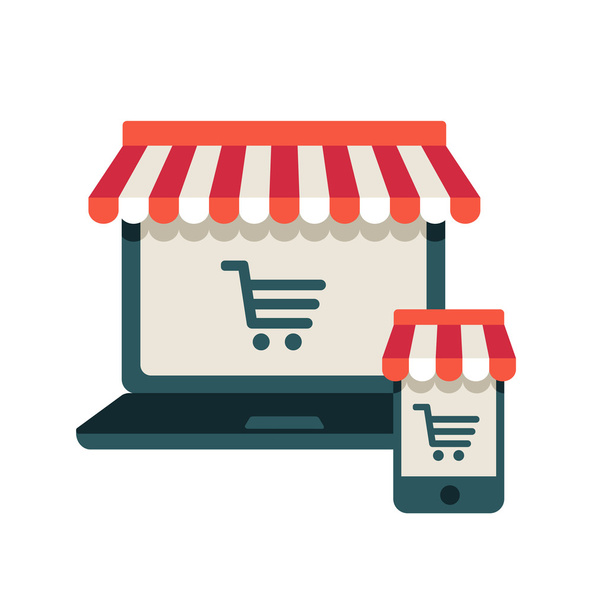 Online-Shop. Verkauf, Laptop und Smartphone mit Markise - Vektor, Bild