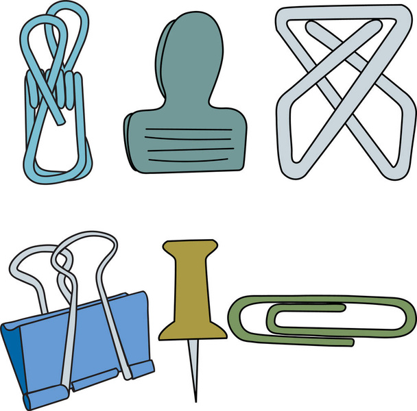 Vector Paper Clips Fasteners Thumb Tacks in Green Yellow Blue Gray Icon Set on White Background. Clip art for embellishing cards, newsletters, scrapbooking. - Vector, Image