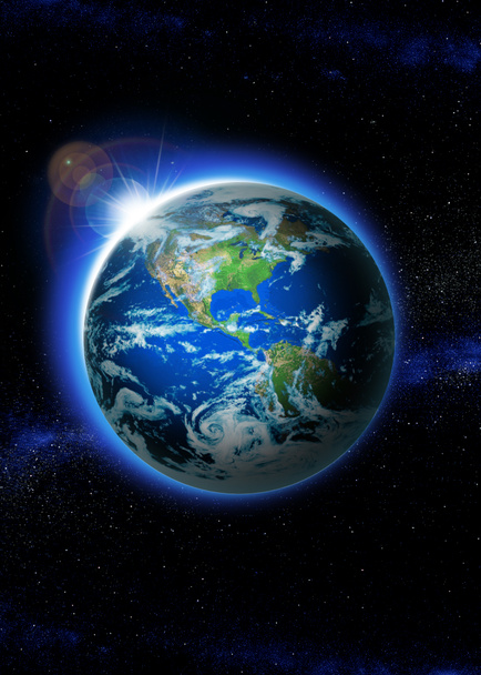 planeet aarde met zonsopgang in de ruimte. rijzende zon over de wereld elementen van dit beeld ingericht door nasa - Foto, afbeelding