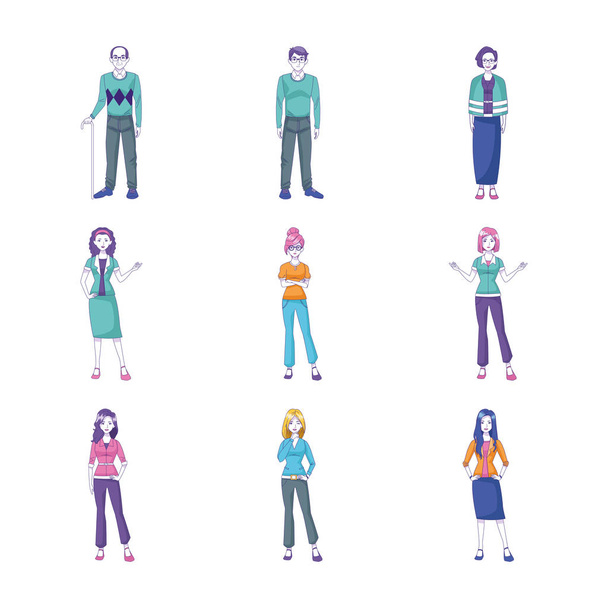 icono conjunto de personas de dibujos animados de pie con ropa casual, diseño colorido
 - Vector, Imagen