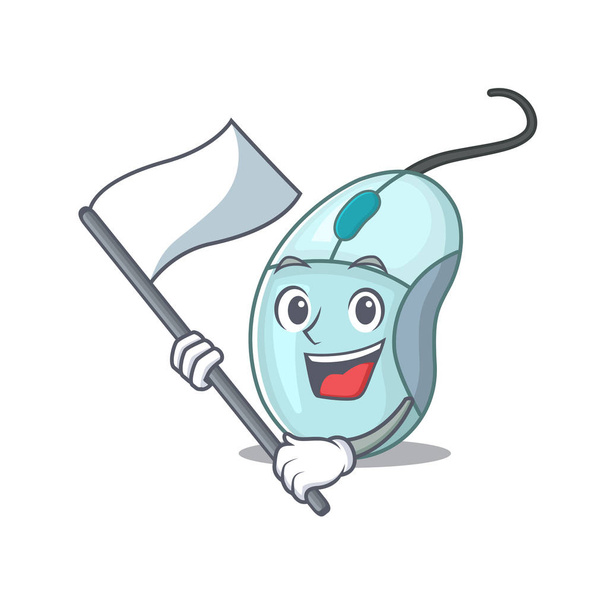 Funny computer mouse cartoon character style holding a standing flag - Vettoriali, immagini