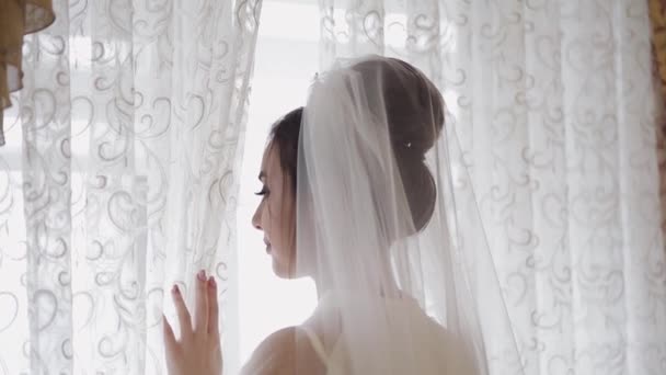 schöne und liebliche Braut in Abendkleid und Schleier. Hochzeitsmorgen. Zeitlupe - Filmmaterial, Video