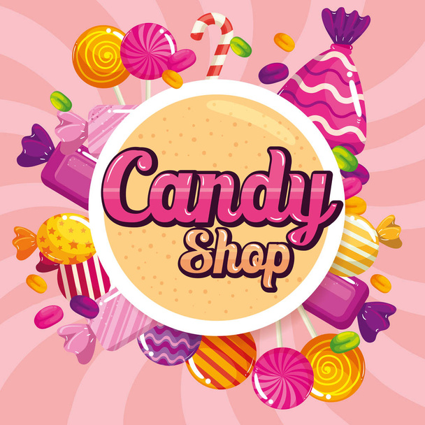 poster van snoepwinkel met karamels - Vector, afbeelding
