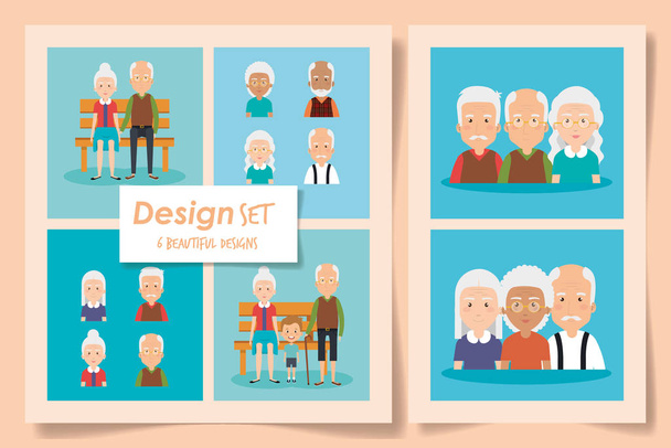 seis desenhos de avós com neto
 - Vetor, Imagem
