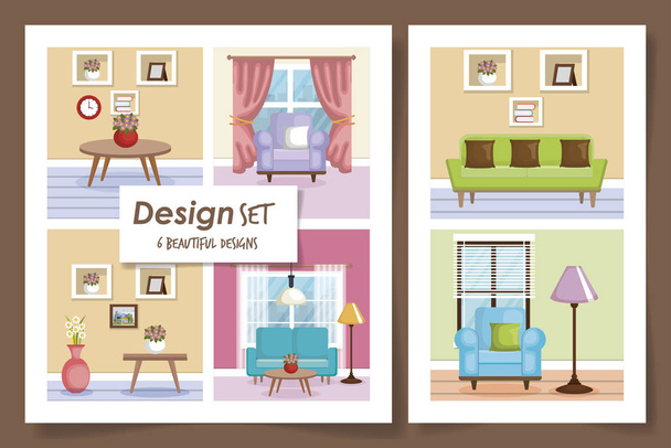 sechs Entwürfe Szenen Interieur von zu Hause und Ikonen - Vektor, Bild