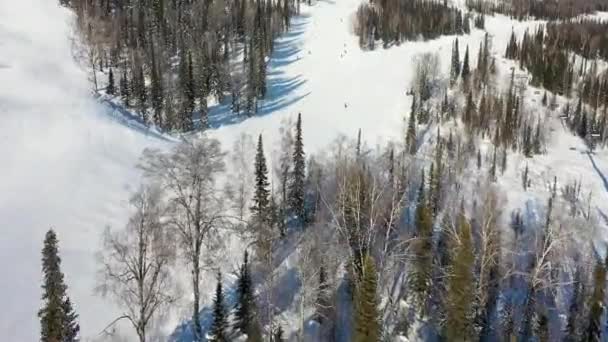 スキー場だスキーヤーとスノーボーダーがトラックを転がします。幅の広いスキー場を下り坂するスキーヤーの空中写真 - 映像、動画