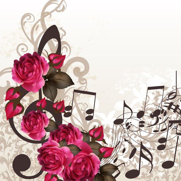 Music vector background with treble clef and roses for design - Διάνυσμα, εικόνα