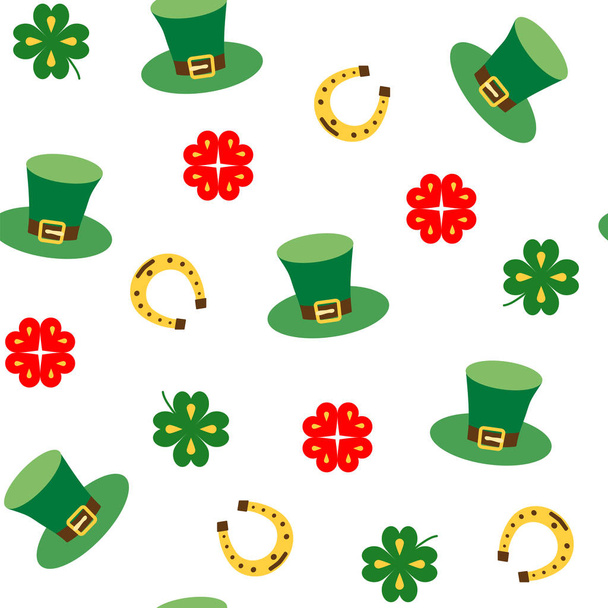 Naadloze vector patroon met klaverblad, hoed en hoefijzer voor geluk. St. Patricks Day textuur print. Individuele elementen op witte achtergrond. - Vector, afbeelding