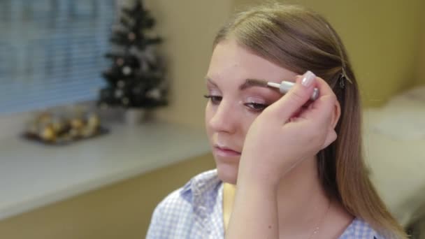 Professional makeup artist paints eyebrows to the client with a special brush. - Filmati, video