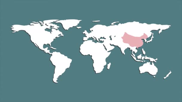 China wordt in het rood gemarkeerd op een wereldkaart. Biologisch gevaar uit China. Het virus in China. Bewegingsgrafiek. - Video