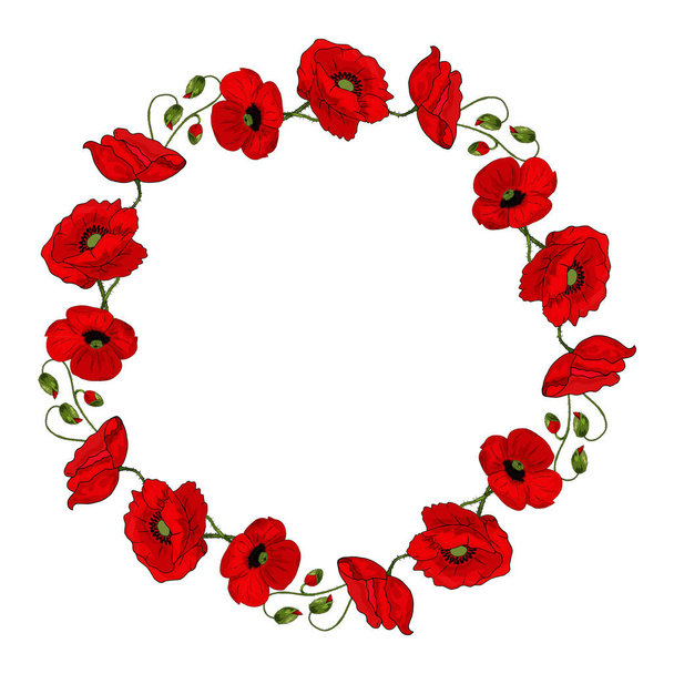 Beautiful wreath of red poppies with buds on a white background. Realistic style. Spring pattern. Rustic decor. Template for a card with flowers. - Foto, Imagem