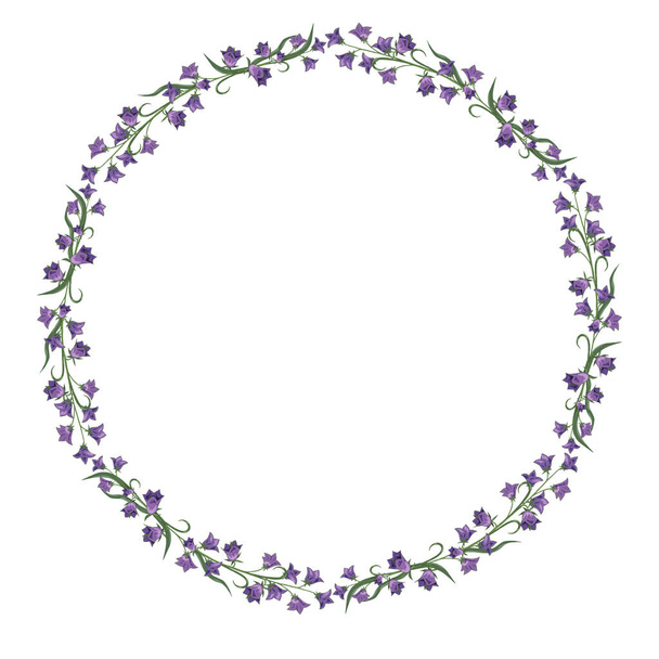 Wreath with wild blue flowers. Spring wild bells. Template for a romantic postcard with a place for inscription, text, lettering. Beautiful round frame with hearts and flowers. - Zdjęcie, obraz