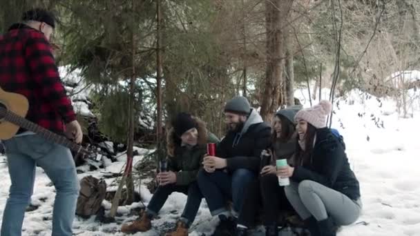 Ομάδα φίλων των τουριστών που μιλούν στο δάσος - Πλάνα, βίντεο