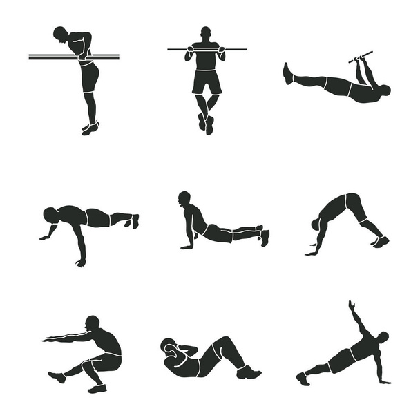 ejercicio deportivo, un conjunto de iconos deportivos, siluetas de los atletas
, - Vector, imagen