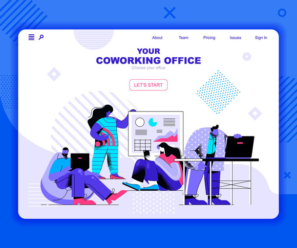 Coworking office landing page vector template. Freelance startup team website header UI layout with flat illustration. Professional meeting in workplace web banner flat concept - Vector, Image