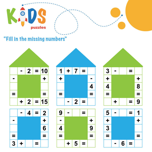 Inserisci i numeri mancanti. Facile cruciverba matematica colorata per bambini delle scuole materne, elementari e medie
.  - Vettoriali, immagini