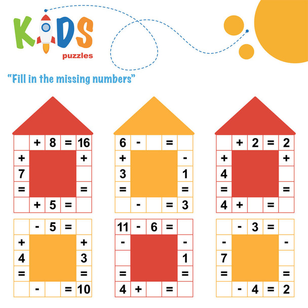 Inserisci i numeri mancanti. Facile cruciverba matematica colorata per bambini delle scuole materne, elementari e medie
.  - Vettoriali, immagini