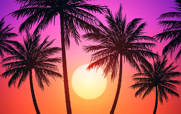 natürliche Kokospalmen Berge Horizont Hügel Silhouetten von Bäumen und Hügeln in den Abend Sonnenaufgang und Sonnenuntergang Landschaft Tapete Illustration Vektor-Stil bunt Ansicht Hintergrund - Vektor, Bild