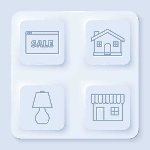 Знак Hanging з текстом Online Sale, House, Table lamp і магазином Shopping. Біла квадратна кнопка. Вектор - Вектор, зображення
