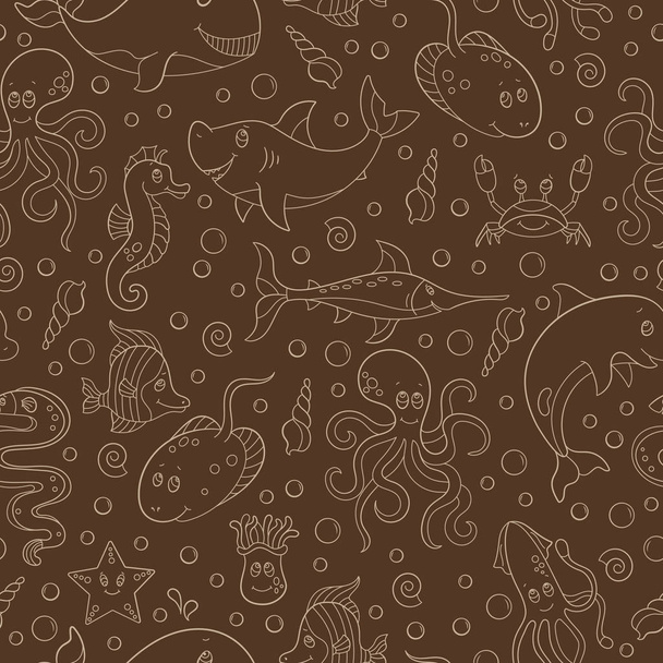 Seamless pattern with sea creatures, funny contour cartoon animals ,beige outline on a brown background - Vector, Image