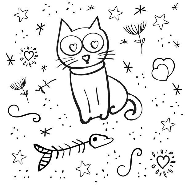 Pet cat with hearts in the eyes. Vector illustration, illustration isolated. Cartoon vector Doodle illustration. Coloring page, Coloring book. Contour. - Vector, Image