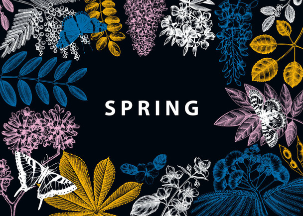 Vector frame with spring trees in flowers illustrations. Hand dr - Vektor, Bild