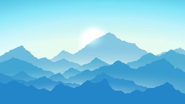 山の中で日の出。山の青の色で表示します。旅行や観光の概念。ベクターイラスト - ベクター画像