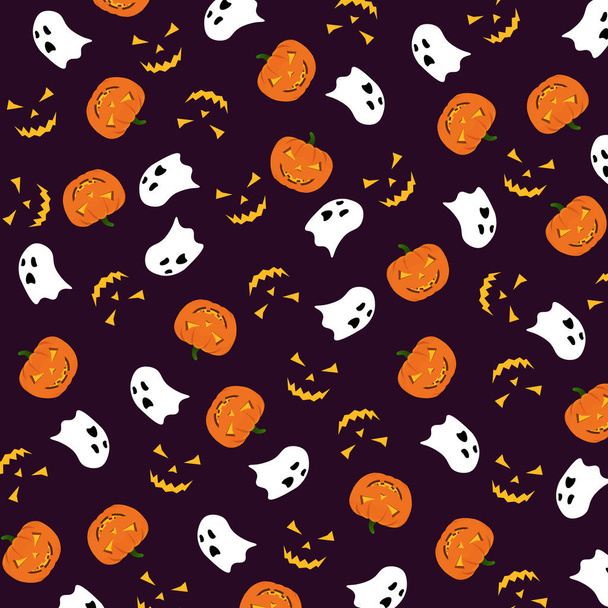 Halloween minta design tök és szellemek sötét háttérrel. Halloween háttér sütőtök és szellemek - Vektor, kép