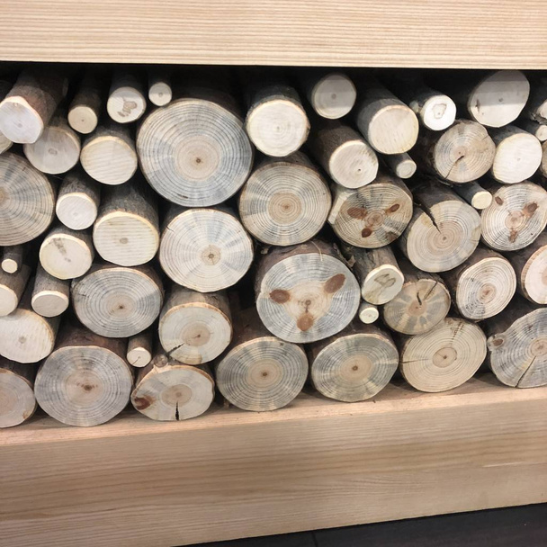 drewno okrągłe dzienniki w tle szafy - Zdjęcie, obraz