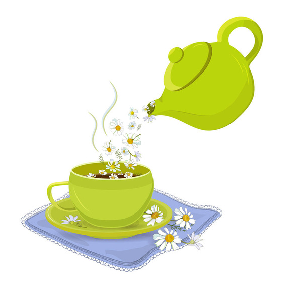 Herbata rumiankowa. Ilustracja wektora z zielonym czajnikiem i kubkiem zdrowej herbaty z kwiatów rumianku. - Wektor, obraz