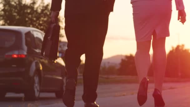 MOCIÓN LENTA: Jóvenes socios de negocios exitosos caminan juntos para trabajar
. - Imágenes, Vídeo