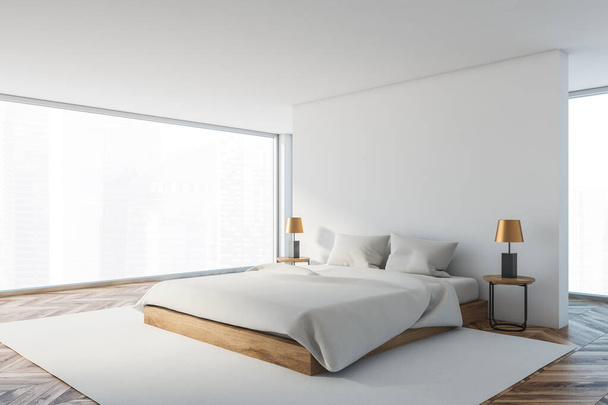 Panoramic white master bedroom corner - Фото, изображение