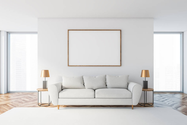 White living room with white sofa and poster - Φωτογραφία, εικόνα