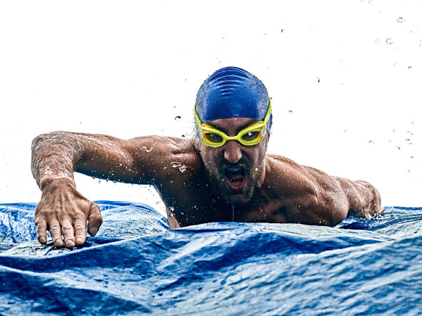 erkek sporcu yüzücü izole edilmiş beyaz arka planda yüzüyor - Fotoğraf, Görsel
