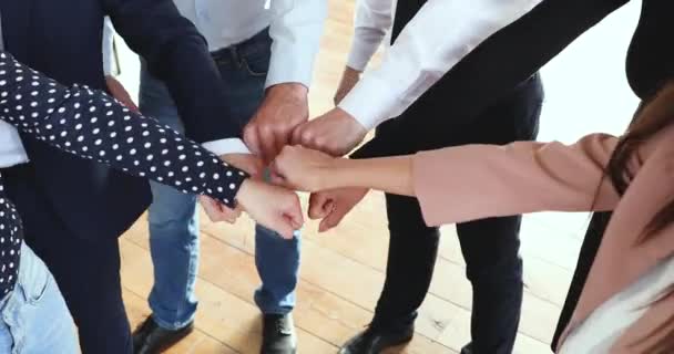 Equipe de negócios confiável pessoas juntam punhos juntos em círculo, close-up
 - Filmagem, Vídeo