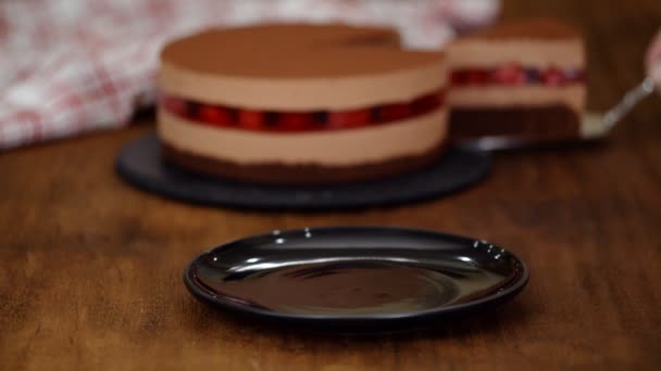 Un pezzo di deliziosa torta di mousse al cioccolato con gelatina di lamponi
. - Filmati, video