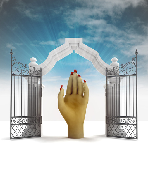ayuda divina de la mano en la puerta celestial con destello del cielo
 - Foto, Imagen
