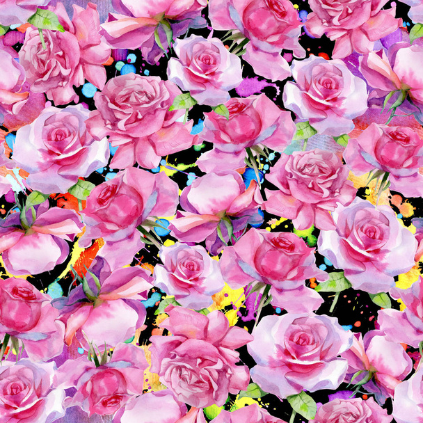 Piękne różowe róże akwarela. Płynny wzór. - Zdjęcie, obraz