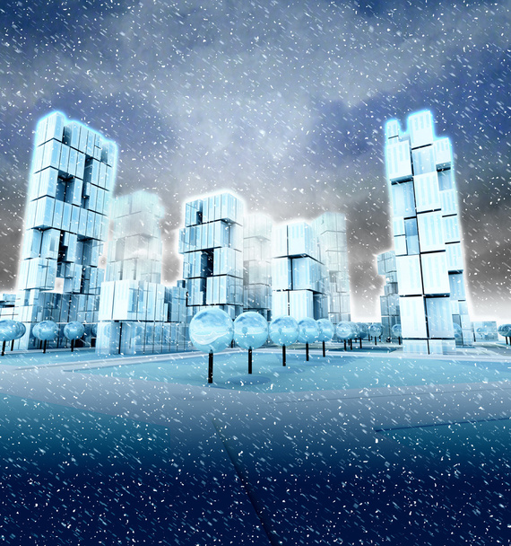 Icy skyscraper city at winter snowfall - Photo, Image
