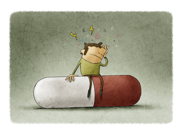 Человек с симптомами головной боли сидит на огромной таблетке
 - Фото, изображение