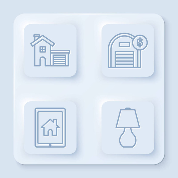 Set line House, Αποθήκη με σύμβολο δολάριο, Tablet και έξυπνο σπίτι και Επιτραπέζιο λαμπτήρα. Λευκό τετράγωνο κουμπί. Διάνυσμα - Διάνυσμα, εικόνα