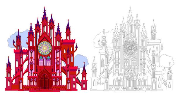 Colorful and black and white pattern for coloring. Fantasy illustration of ancient medieval Gothic castle with rose, towers, gates. Worksheet for coloring book for children and adults. Vector image. - Вектор, зображення