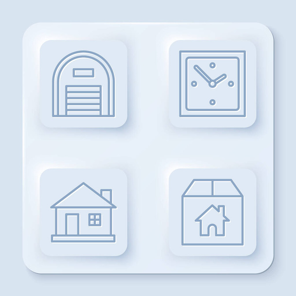 Set line Warehouse, Clock, House and Cardboard box with house. White square button. Vector - Vector, Image