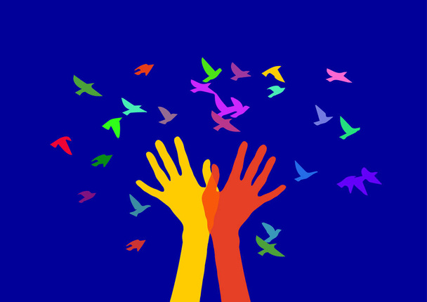 Hands and birds in color. Hands meet a flock of birds. - Photo, Image