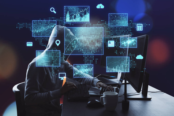 Hacker utilizando ordenador con finanzas digitales y protección de datos i
 - Foto, imagen