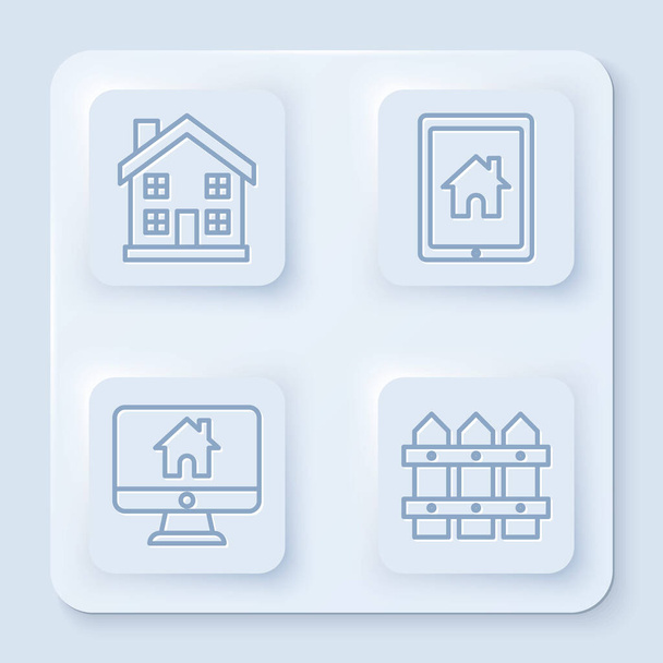 Σετ γραμμή Αρχική σύμβολο, Tablet και έξυπνο σπίτι, οθόνη υπολογιστή με έξυπνο σπίτι και φράχτη κήπο ξύλινο. Λευκό τετράγωνο κουμπί. Διάνυσμα - Διάνυσμα, εικόνα