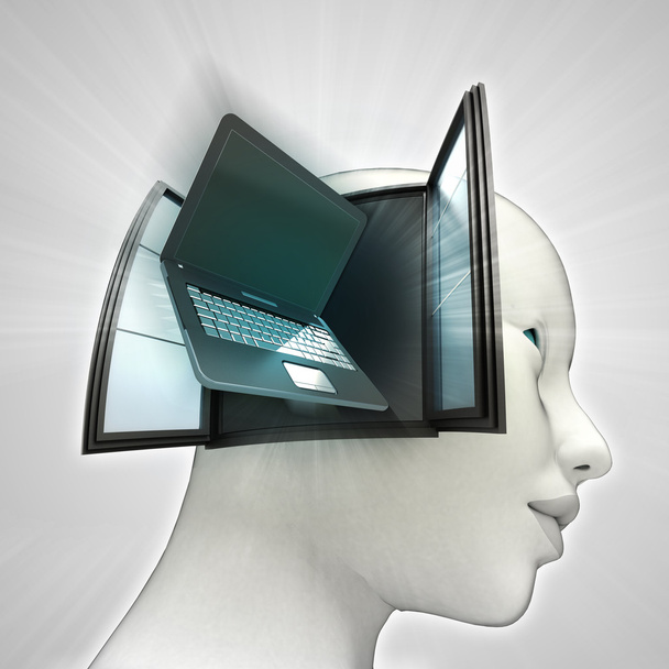 φορητό υπολογιστή τεχνολογιών έρχονται έξω ή στο ανθρώπινο κεφάλι μέσα από το παράθυρο έννοια - Φωτογραφία, εικόνα