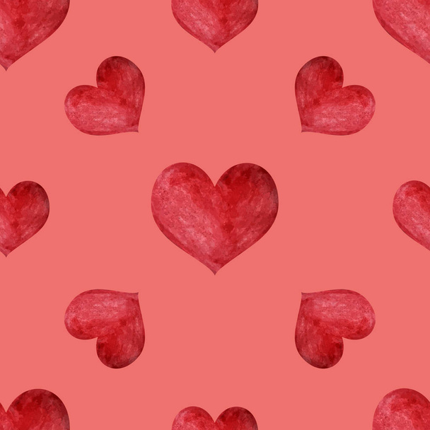 Seamless pattern of watercolor red hearts. Vector. Coral background. Romantic ornament. The idea for the cover, Wallpaper, walls, fabric. Vector Valentine day, wedding, love. Holiday print. - Wektor, obraz