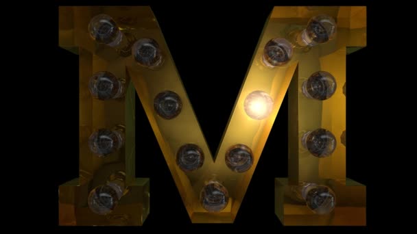 Animált arany izzólámpa betűk 4 különböző villogó animációval, amelyek hurkolhatók és egy külön alfa csatorna M - Felvétel, videó